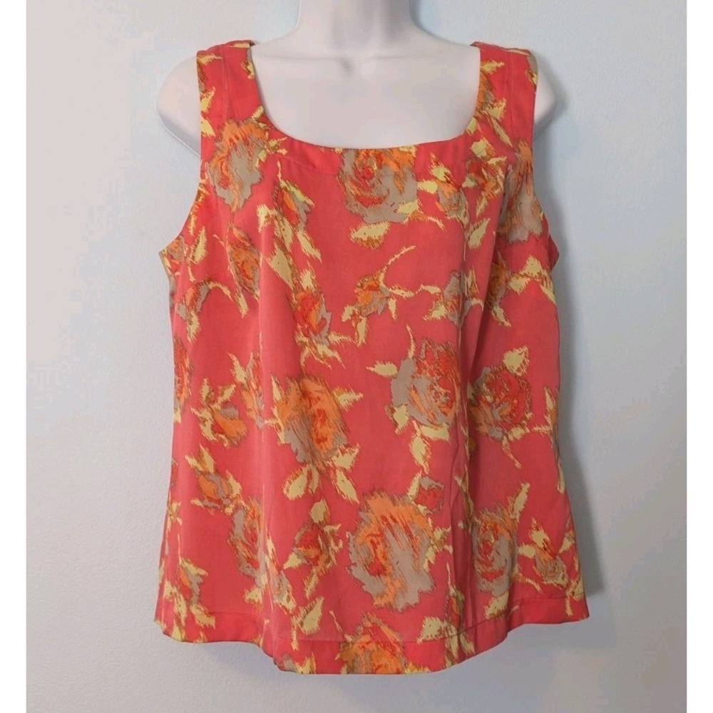 94% Silk Tank Top Watermelon Pink Floral Women's Large Sleeveless Light Weight